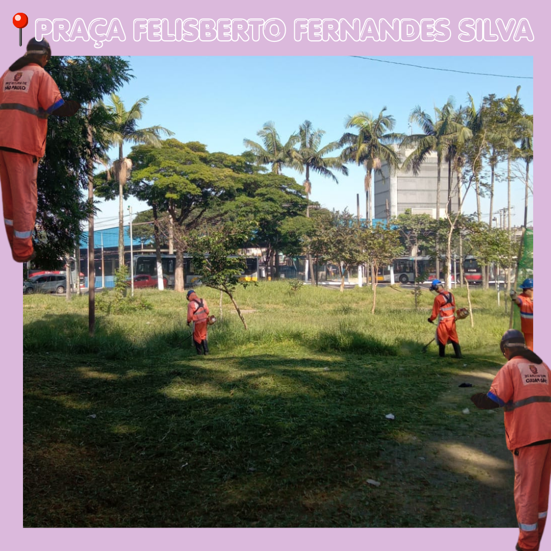 A imagem mostra trabalhadores usando uniformes laranja com capacetes azuis da prefeitura, zelando por um espaço verde no largo de São Mateus. O local específico é identificado pelo texto "PRAÇA FELISBERTO FERNANDES SILVA" na parte superior da imagem, com um ícone de alfinete vermelho.