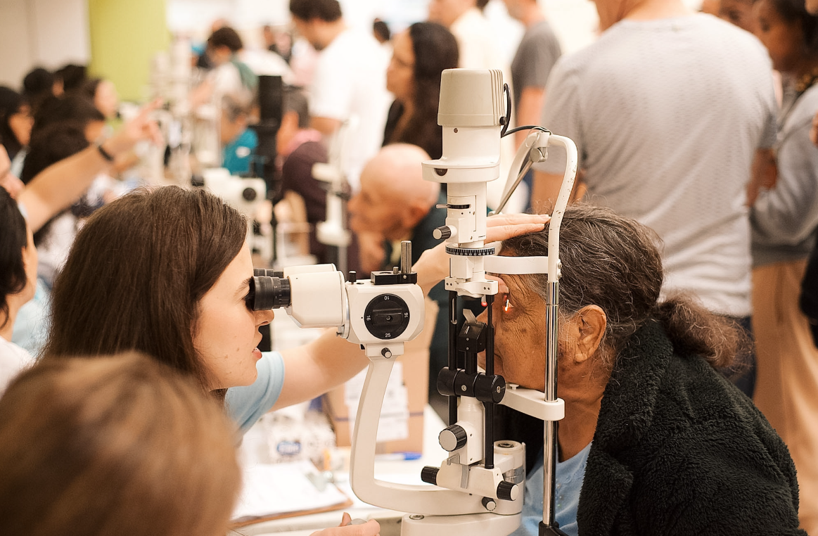 Médica jovem avaliando a visão de uma senhora por meio de um aparelho oftalmológico