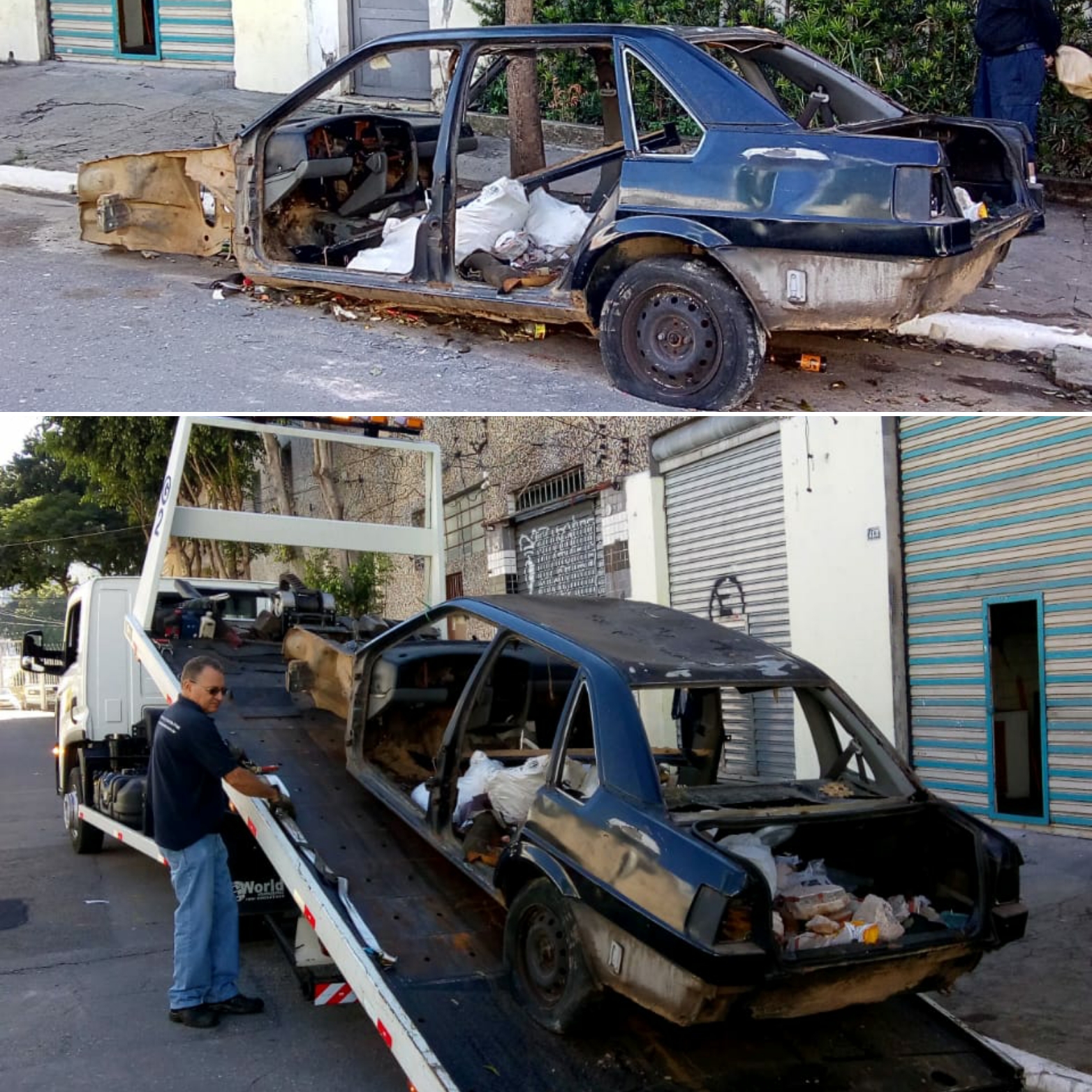 Foto com montagem de duas fotos com o recolhimento de carro abandonado em via pública