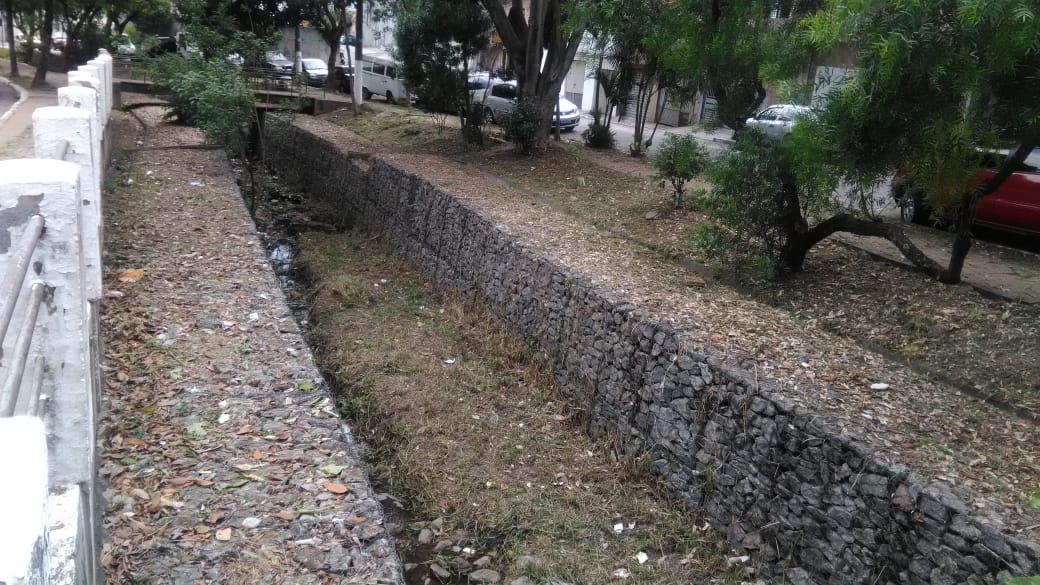 Foto do Córrego do Sapé após receber a zeladoria da Subprefeitura. O córrego é percorrido por um gabião de pedra, o córrego tem bastante é cercado por uma grande quantidade de espécies vegetais, grama e árvores, que ficam dentro e nas margens do córrego. 