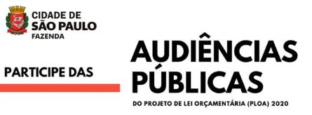 Imagem com o logo da Secretaria Municipal da Fazenda no lado superior esquerdo e abaixo com letras pretas dizendo participe das Audiências Públicas 2020 do Projeto de Lei Orçamentária.