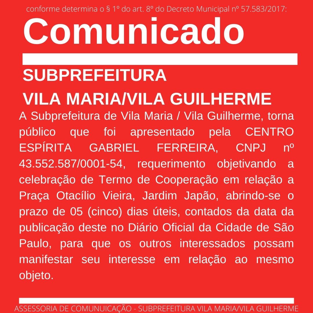 Comunicado Termo de Cooperação Centro Espírita Gabriel Ferreira