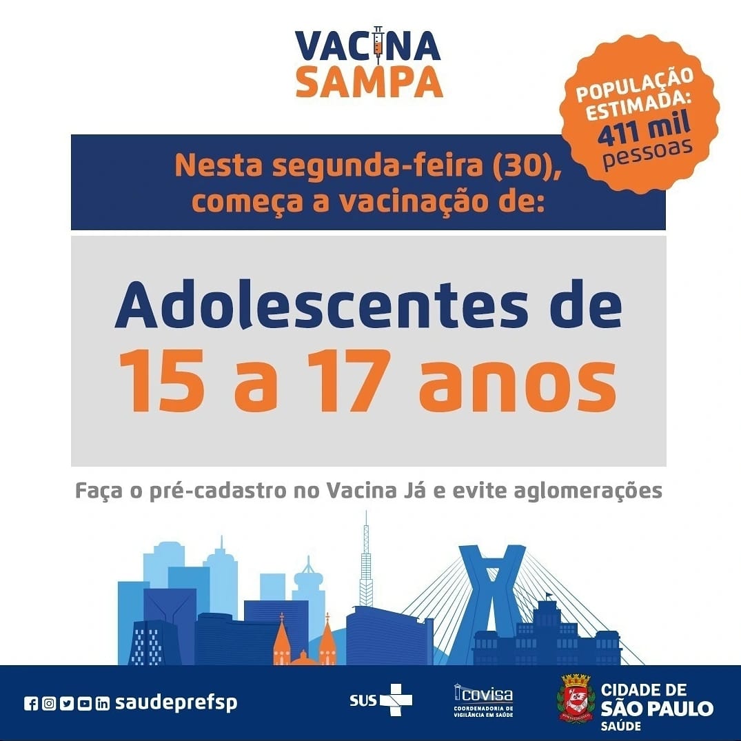 A imagem de fundo branco com o título em destaque na cor laranja, escrito "Nesta segunda-feira (30) começa a vacinação de: Adolescentes de 15 a 17 anos".