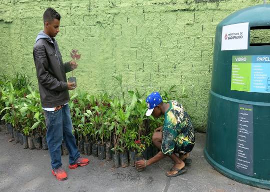 Munícipe segura muda de planta e outro agacha para pegar a muda que ganharam por entregar entulho no ecoponto