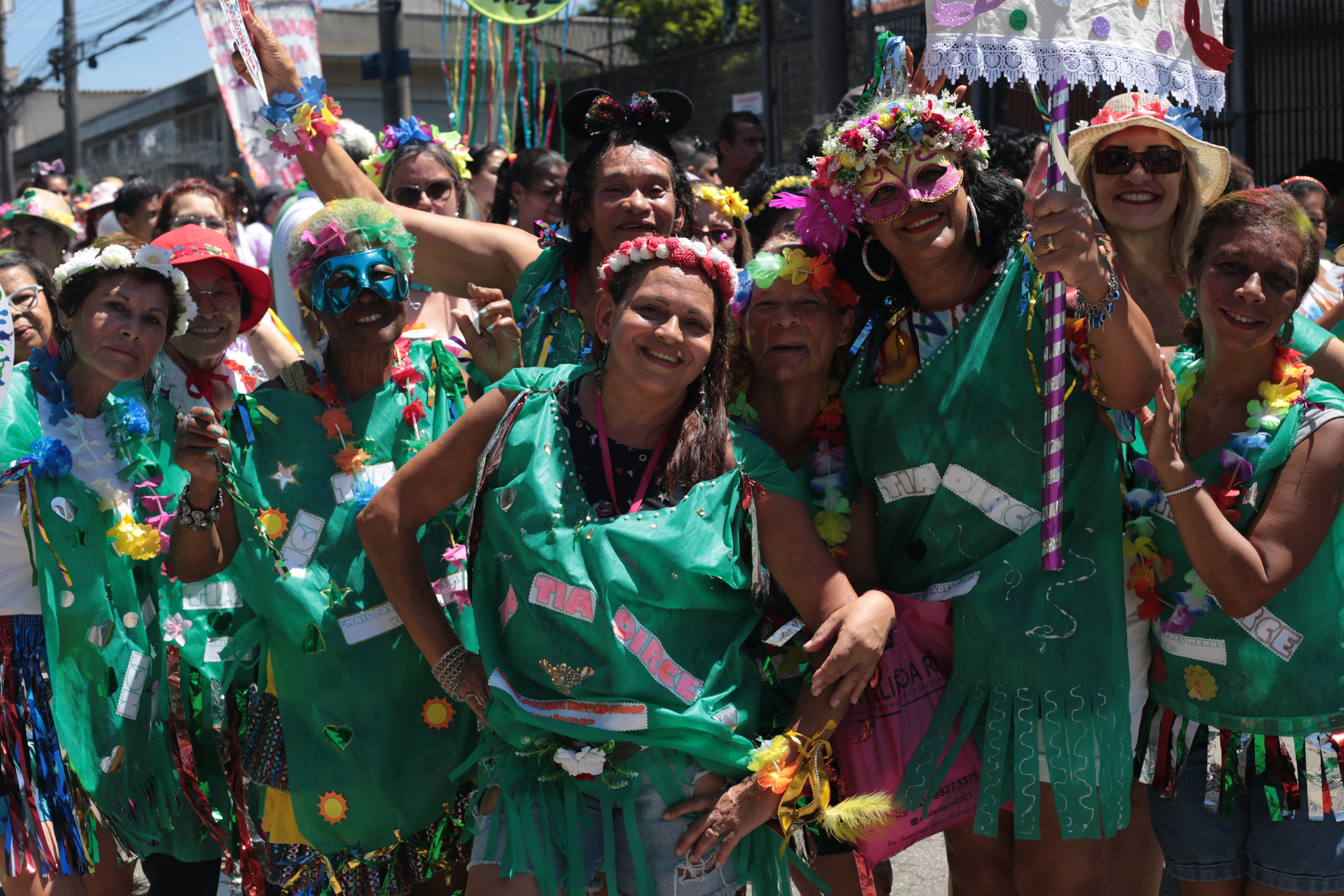 A foto mostra nove mulheres, de idades variadas, fantasiadas com um colete verde e outros adereços, como máscaras e tiaras, participando do CarnaCaps.