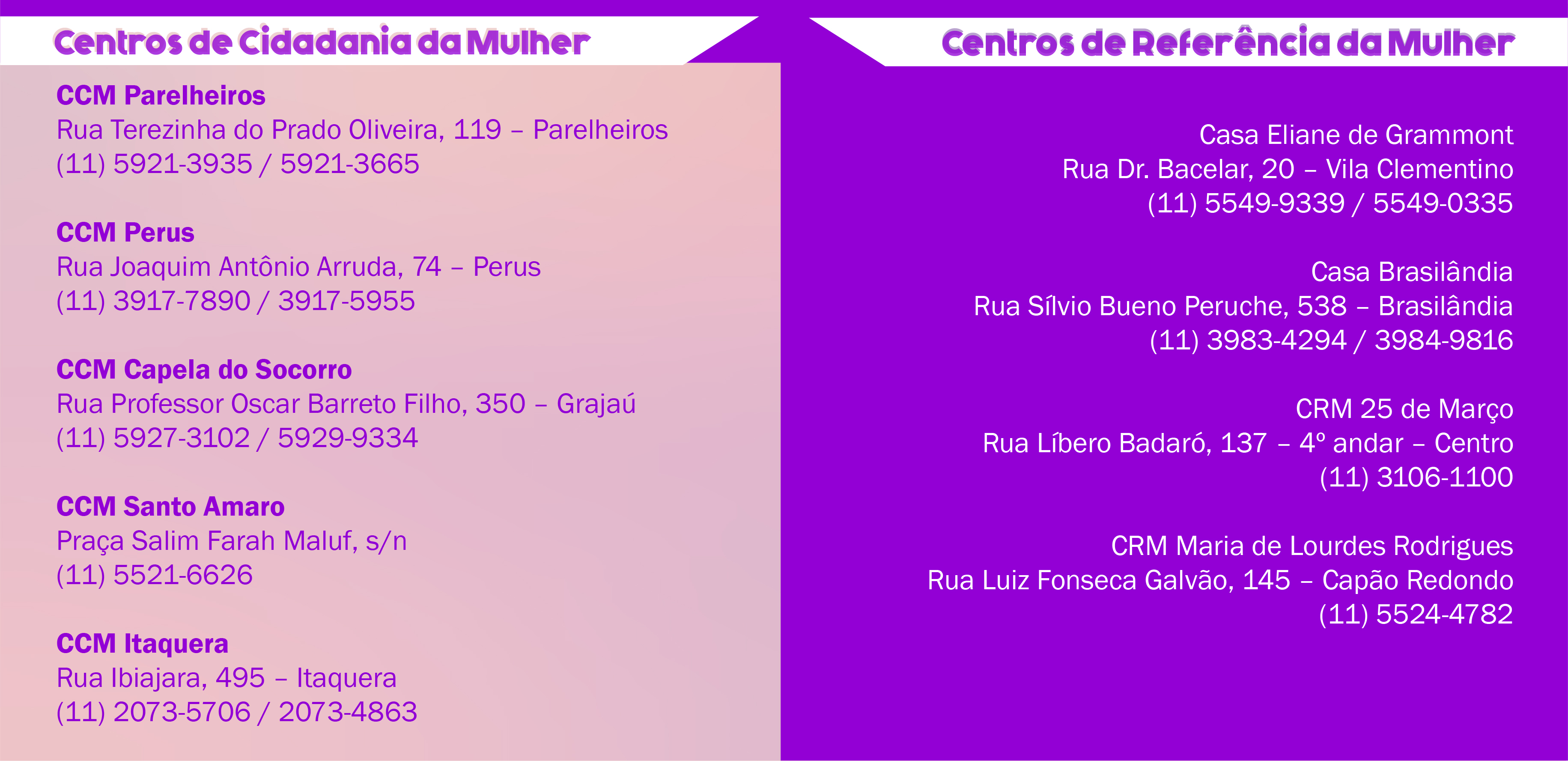 tabela rosa e lilás com os endereços dos Centros de Cidadania da Mulher