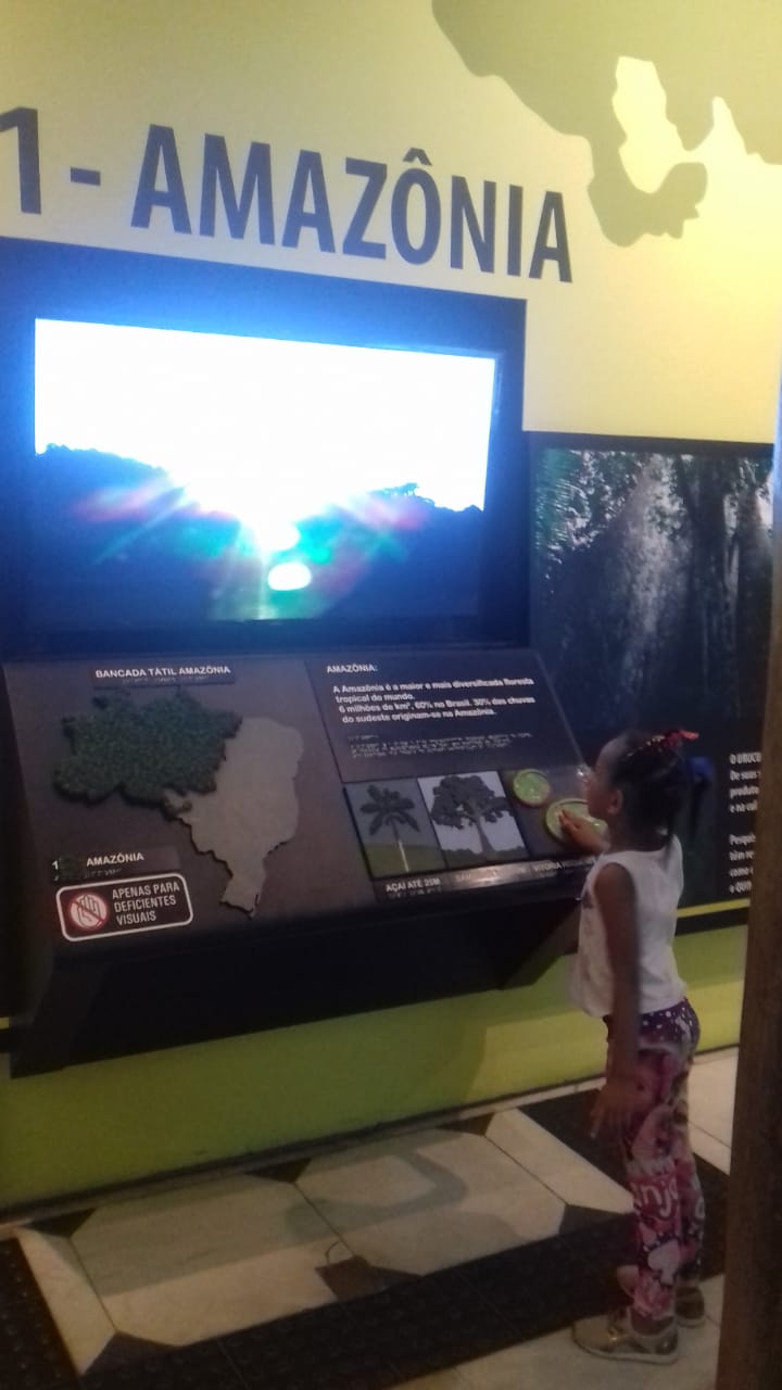 Criança usuária do serviço em frente a painel interativo no Museu Catavento 