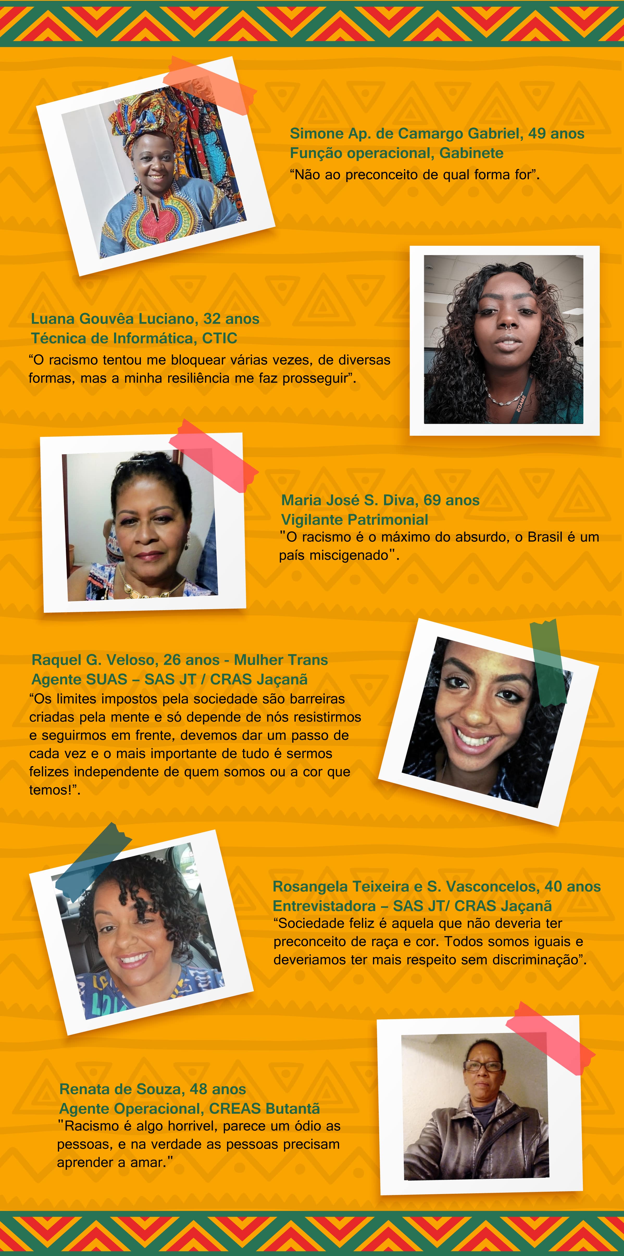Arte em fundo étnico que apresenta fotos de seis mulheres negras que exercem diferentes funções na Secretaria Municipal de Assistência e Desenvolvimento Social (SMADS). 