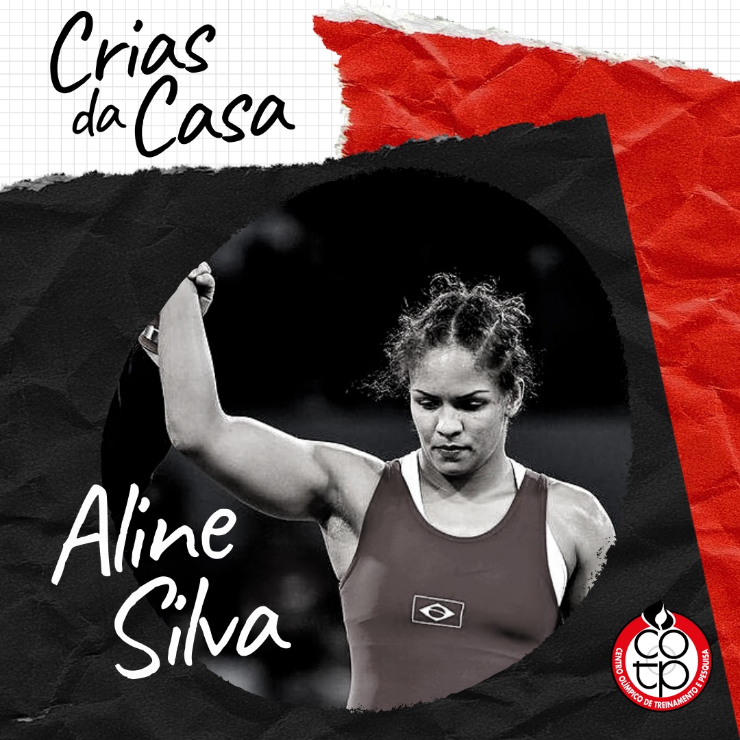 Na imagem a campeã olímpica Aline Silva com o braço para cima, abaixo o logo do COTP.