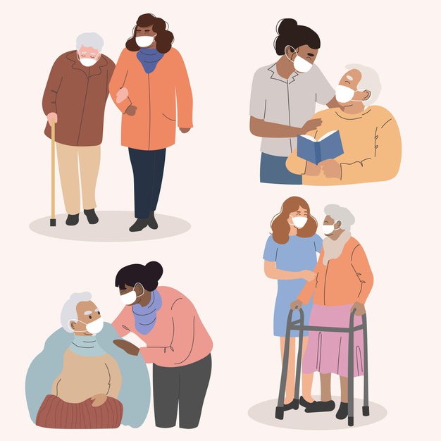 Ilustração com imagens de pessoas de idade sendo auxiliados por cuidadores.