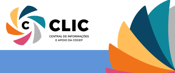 Logo da CLIC parecendo um catavento nas cores laranja, amarela, azul, verde, cinza, rosa e laranja escrito em preto CLIC Central de Informações e Apoio da COGEP
