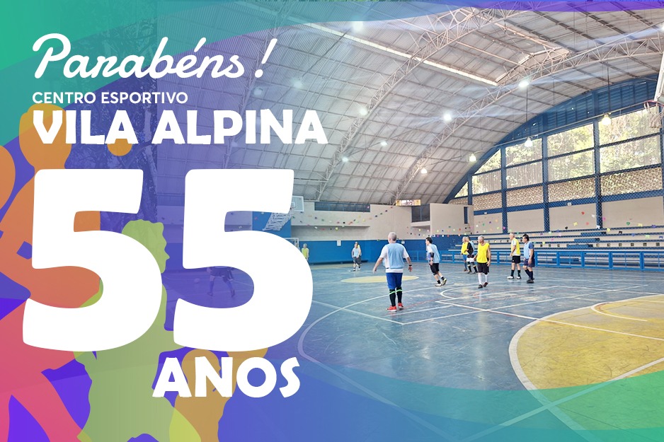 Na imagem, arte sobre o aniversário de 55 anos do Centro Esportivo VIla Alpina.