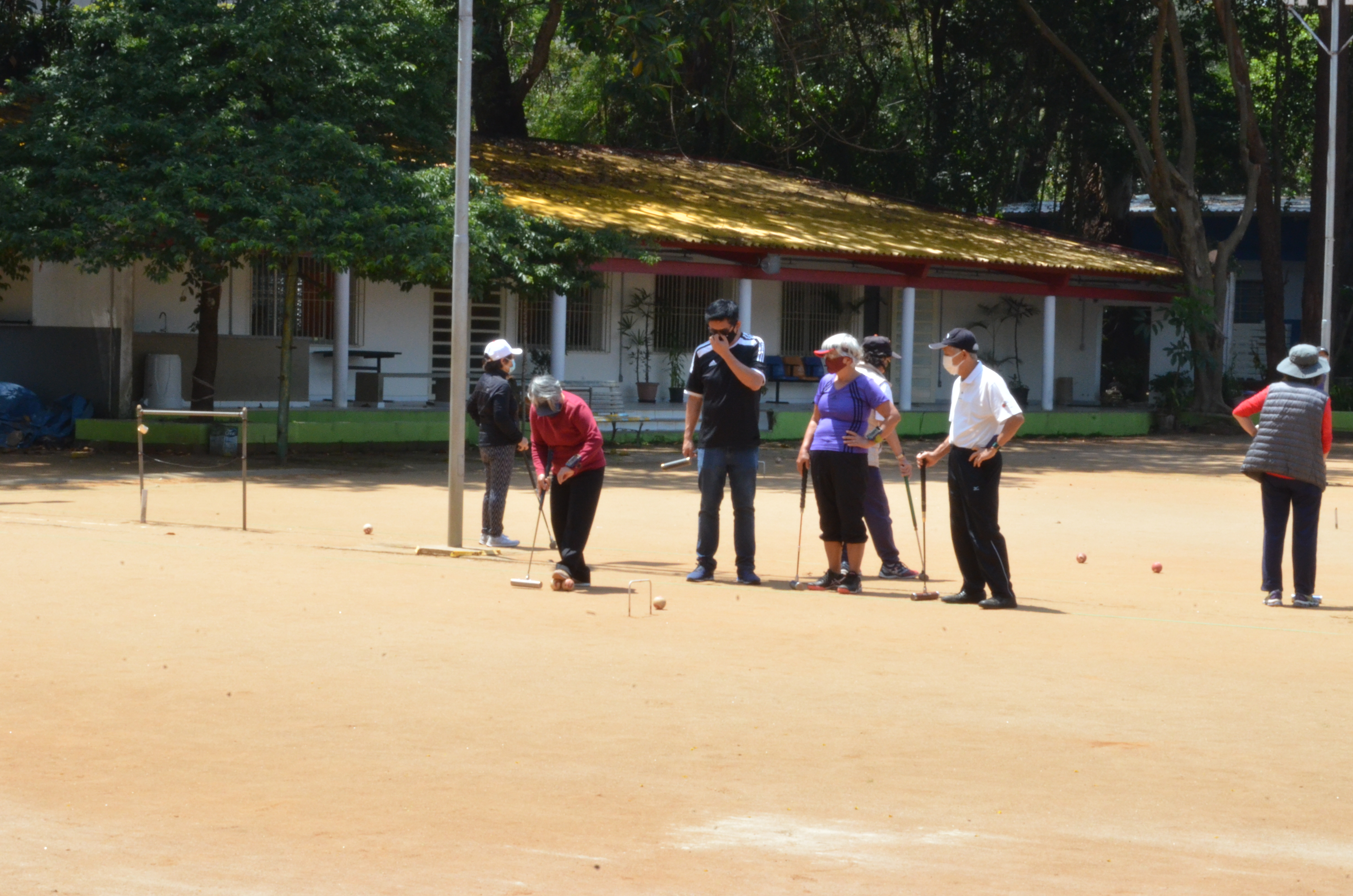 Na foto aparecem cinco pessoas praticando gateball