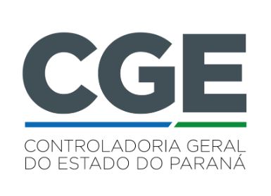 Fundo branco com as Letras CGE em tom escuro e abaixo uma linha azul e verde com a transcrição da sigla - Controladoria Geral do Estado do Paraná