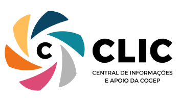 Logo da CLIC parecendo um catavento, nas cores amarela, laranja, azul, verde, cinza e rosa, escrito CLIC Central de Informações e Apoio da COGEP