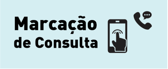 Imagem azul clara de fundo, com a frase "marcação de consulta" e dois pictogramas (celular e telefone fixo)