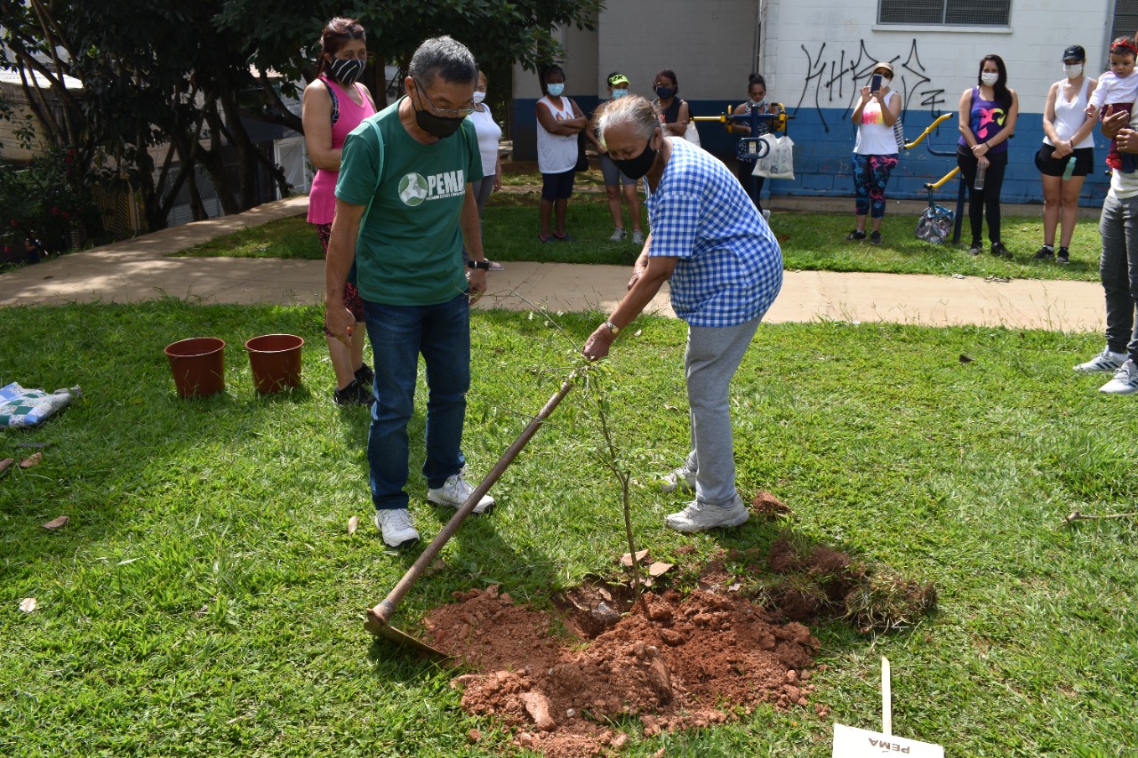Na imagem, ação do Programa Esporte e Meio Ambiente com o coordenador do PEMA, Minoru Furuya, plantando uma árvore.