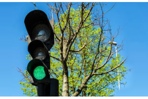 fotografia que mostra semáforo de transito, que a luz acessa verde está acessa, atrás tem árvore e céu está azul claro.