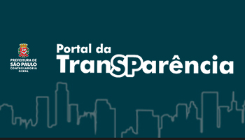 Logo com fundo azul escuro, com o texto Portal da Transparência escrito em letras brancas e contornos de prédios do centro de São Paulo