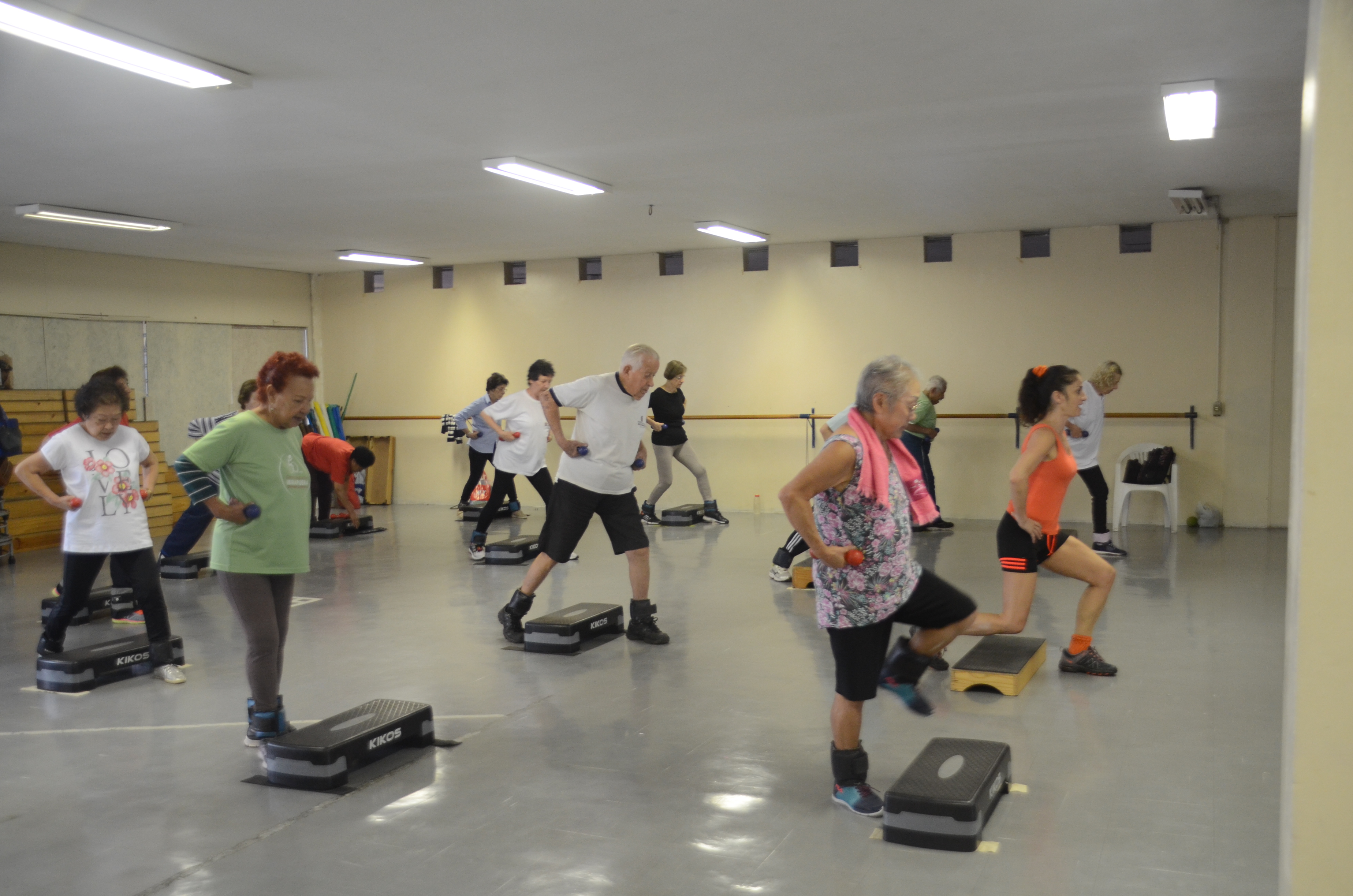 Grupo de idosos praticando exercício na sala de ginástica 