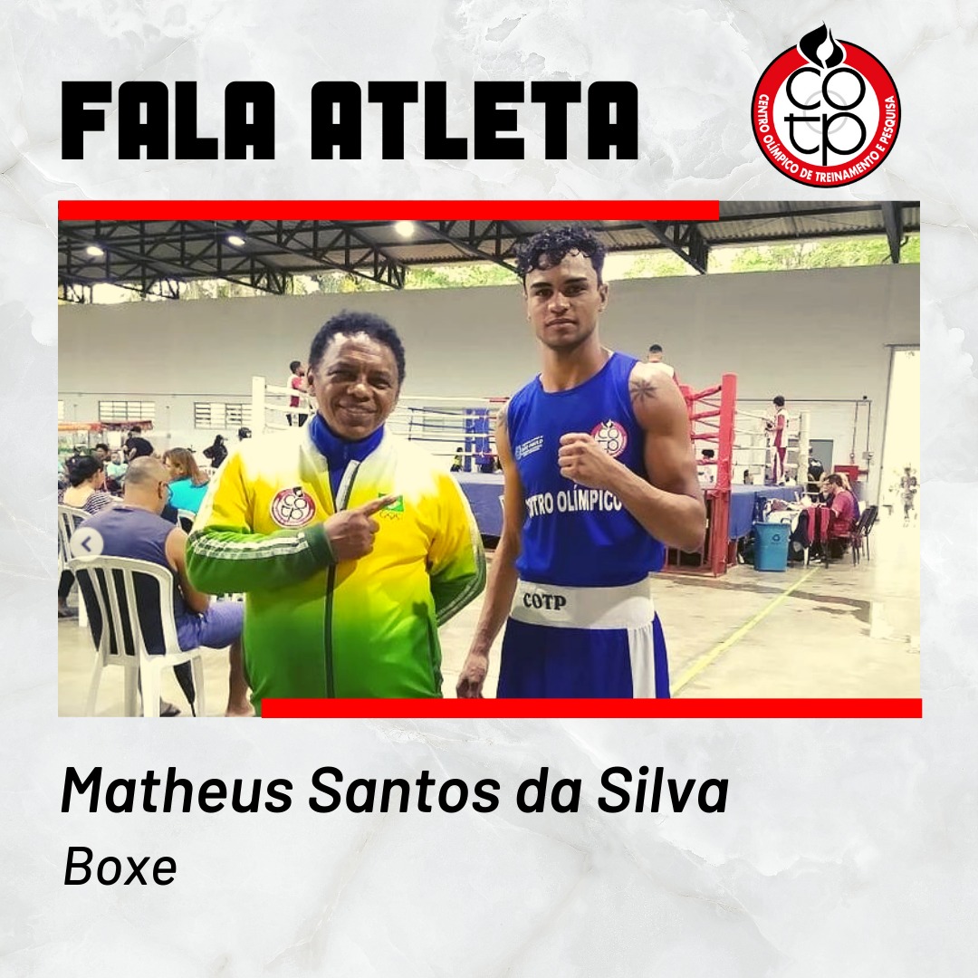 Na imagem Matheus Silva, atleta de boxe de Centro Olímpico, ao lado Messias Gomes, supervisor técnico , logo atrás um ringue de luta. 