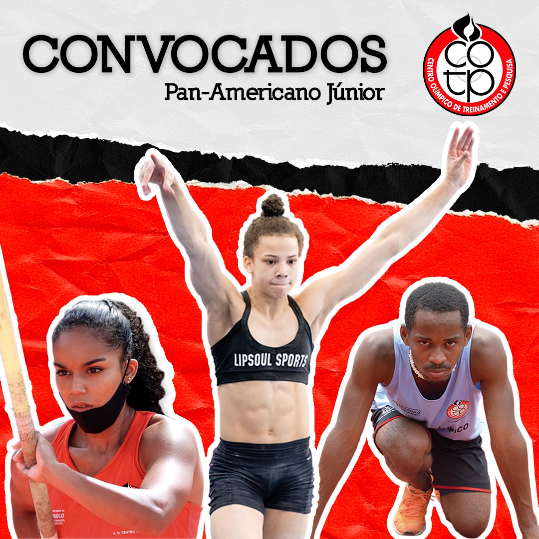 Na imagem estão os três atletas do Centro Olímpico Caio, Gabriela e Sophia. em um fundo vermelho. Na parte superior, escrito em preto "convocados Pan Americano JR" E no canto superior direito, brasão do Centro Olímpico de Treinamento e Pesquisa.