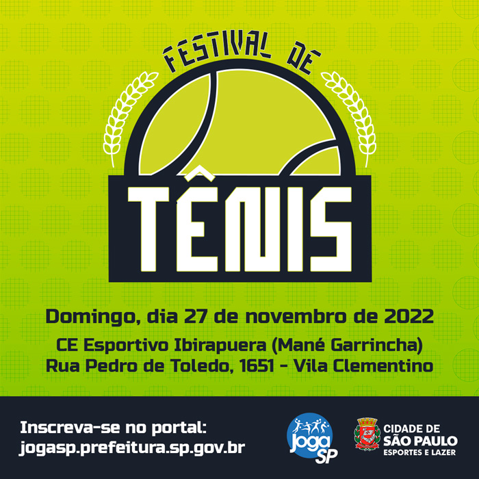 Na imagem, uma arte de divulgação do Torneio de Tênis que será realizado no CE Ibirapuera. Também contém o brasão da Secretaria Municipal do Esporte e Lazer e o logo do Joga SP