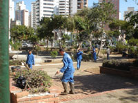 Funcionários limpam a Praça General Polidório, Aclimação