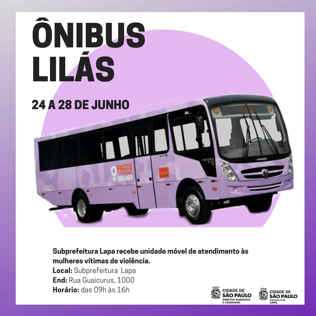 imagem de um onibus lilás sob fundo branco e margem também lilás, a esquerda superior o texto " ônibus lilás, 24 a 28 de junho. 