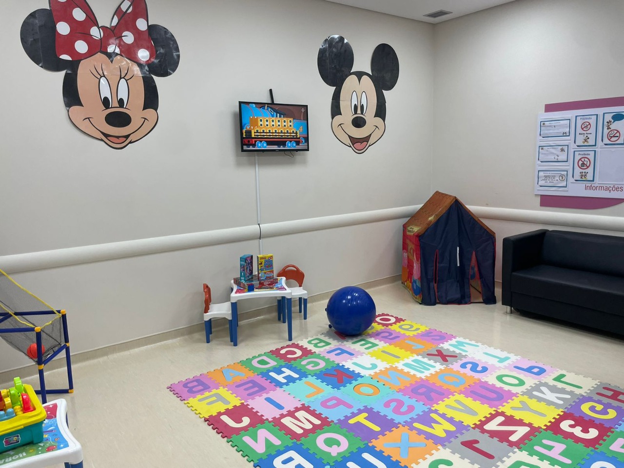 Na imagem há dois personagens de desenho colados na parede, um tapete do alfabeto e vários brinquedos ao redor da sala.