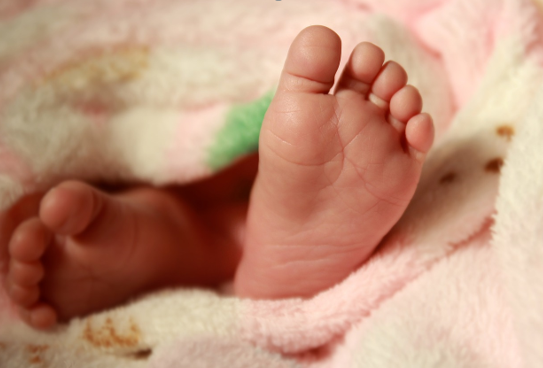 A foto mostra os pés de um recém-nascido apoiados em uma coberta de cor clara, com detalhes em marrom, verde e rosa.