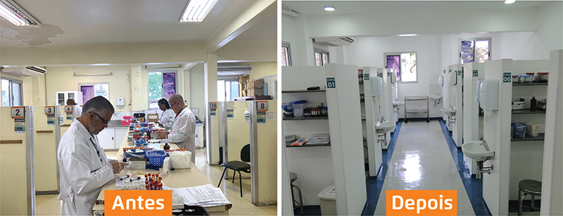 Foto mostrando o antes e o depois da reforma na Coleta do Laboratório 