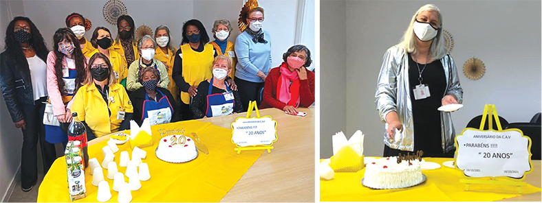 Duas fotos, do lado esquerdo com muitas voluntárias e na direita apenas uma cortando um bolo.