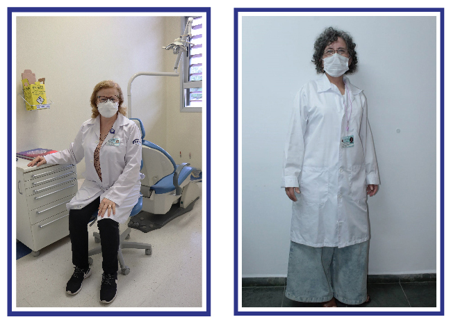 Foto das duas ortodontistas, em fotos separadas, ambas de máscara e avental branco