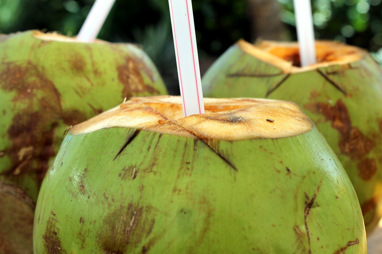 Na foto, um coco verde com um canudo de plástico está no centro. Atrás dele, estão mais dois cocos.