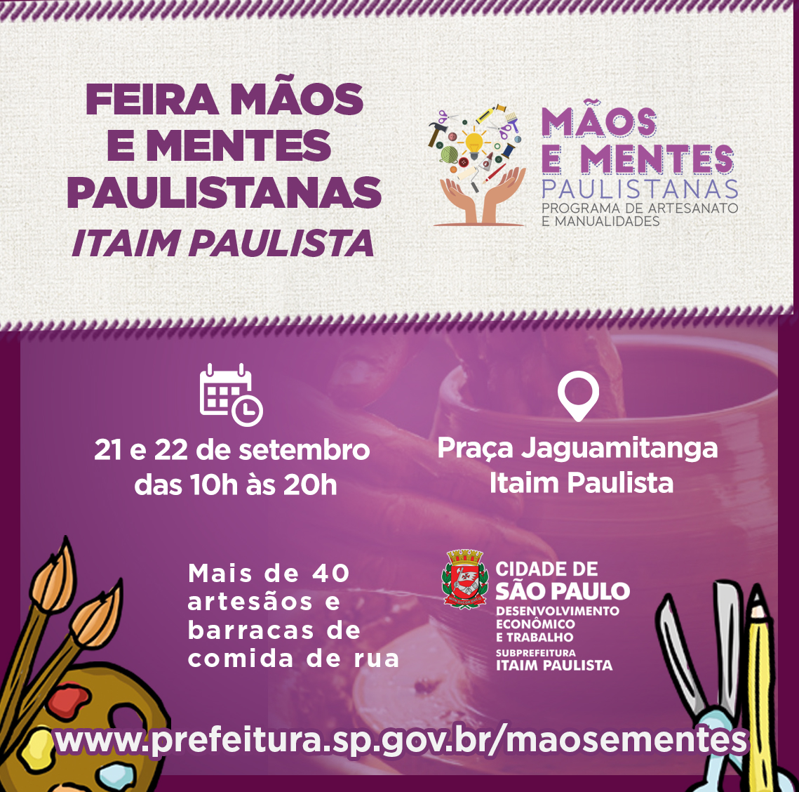 sob fundo lilás o texto de cor roxa " Feira mãos e  mentes paulistanas - Itaim Paulista" 