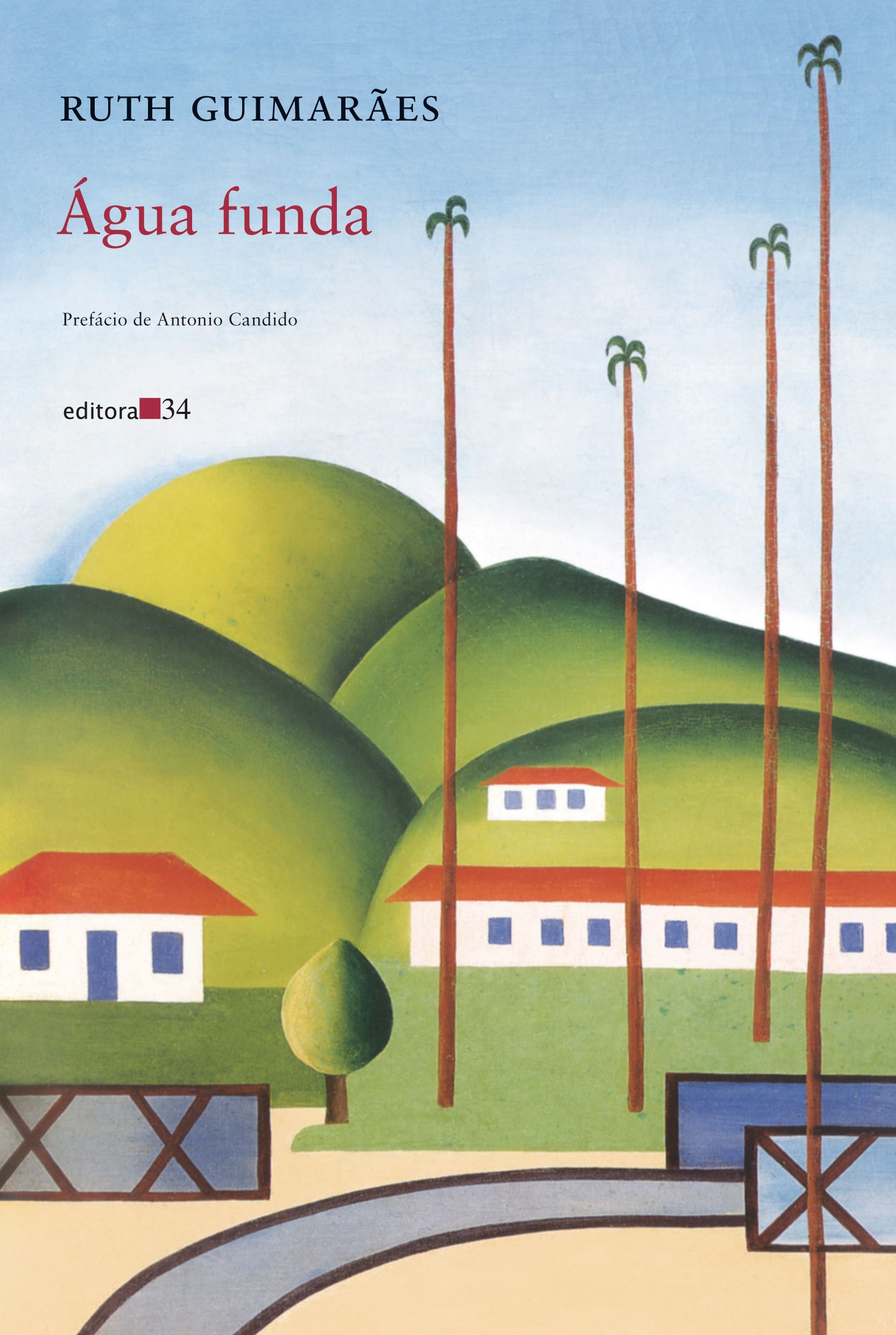 Imagem da capa do livro com ilustração de paisagem com céu azul, montanhas verdes, casas brancas com telhado vermelho e coqueiros altos.
