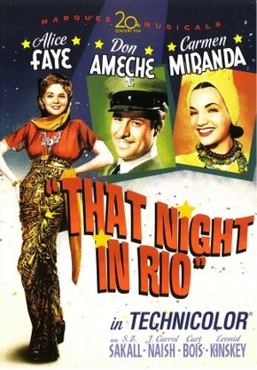 Pôster colorido do filme com montagem de rosto de Carmen Miranda, de um homem e uma mulher em pé.
