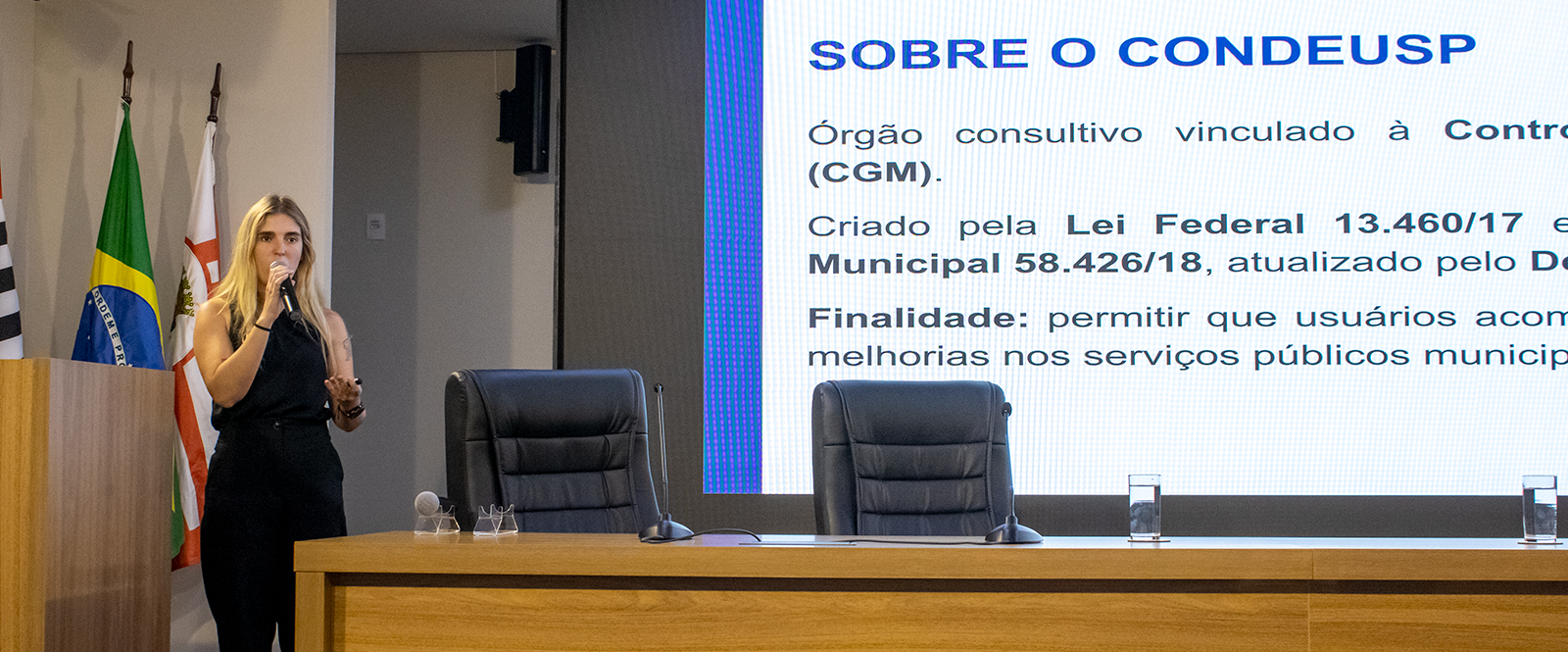 Imagem de uma mulher apresentando uma palestra