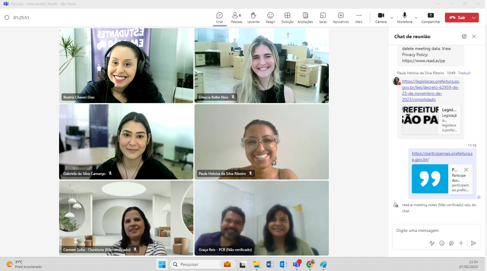 Imagem é o print da tela da reunião pela plataforma Teams, na imagem esta presente, Carmem Sofia, Gabriela Camargo, Beatriz Chaves, Glaucia Neix, Paula Ribeiro e Graça Reis