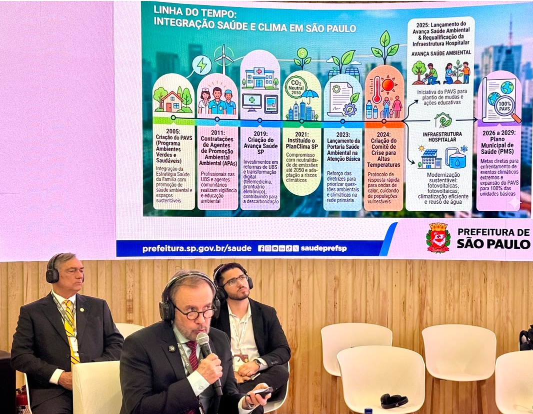 A foto mostra uma apresentação realizada pela Prefeitura de São Paulo. Em primeiro plano, há três homens sentados em cadeiras, usando fones de ouvido; o homem no centro está falando em um microfone, possivelmente liderando a apresentação. Eles estão vestidos formalmente, com ternos e gravatas.Ao fundo, há um grande painel com a linha do tempo da integração entre saúde e clima em São Paulo, detalhando ações desde 2005 até projeções para 2029. O painel também contém ícones ilustrativos, como árvores, painéis solares, hospitais, termômetros e gráficos de CO₂, reforçando o tema da saúde ambiental e sustentabilidade urbana.