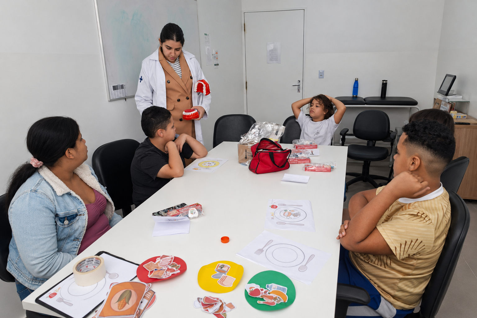 Profissional de saúde conduz atividade educativa com crianças durante grupo de nutrição na UBS Jardim da Conquista II. Utilizando materiais lúdicos e recursos visuais, a atividade aborda hábitos alimentares saudáveis e cuidados com a saúde bucal. As crianças participam da dinâmica em torno de uma mesa com jogos educativos e figuras de alimentos, em uma ação voltada à promoção da saúde e à prevenção da obesidade infantil.