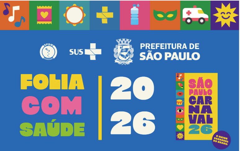 A imagem é uma peça gráfica institucional e promocional relacionada ao Carnaval de São Paulo de 2026, com foco em saúde e prevenção.  O fundo é predominantemente azul, com cores vibrantes distribuídas nos textos e ícones, transmitindo um clima alegre e festivo.  Na parte superior, aparecem os logotipos da SPDM, do SUS e da Prefeitura de São Paulo, indicando parceria institucional. No topo da imagem, há uma faixa com vários ícones ilustrados, como:  notas musicais  coração  pandeiro  cruz médica  garrafa de água  máscara de carnaval  ambulância  sol sorridente