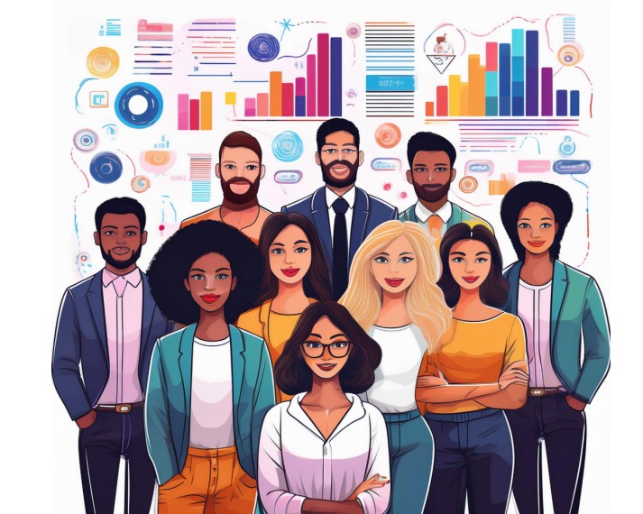 A ilustração mostra um grupo diversificado de profissionais posando juntos, com expressões confiantes e amigáveis. Eles vestem roupas formais e semiformais, sugerindo um ambiente corporativo ou de trabalho em equipe. Ao fundo, há diversos gráficos, diagramas e elementos visuais coloridos que remetem a dados, estatísticas e análise de informações. O estilo da ilustração é moderno e vibrante, com traços suaves e cores bem equilibradas.