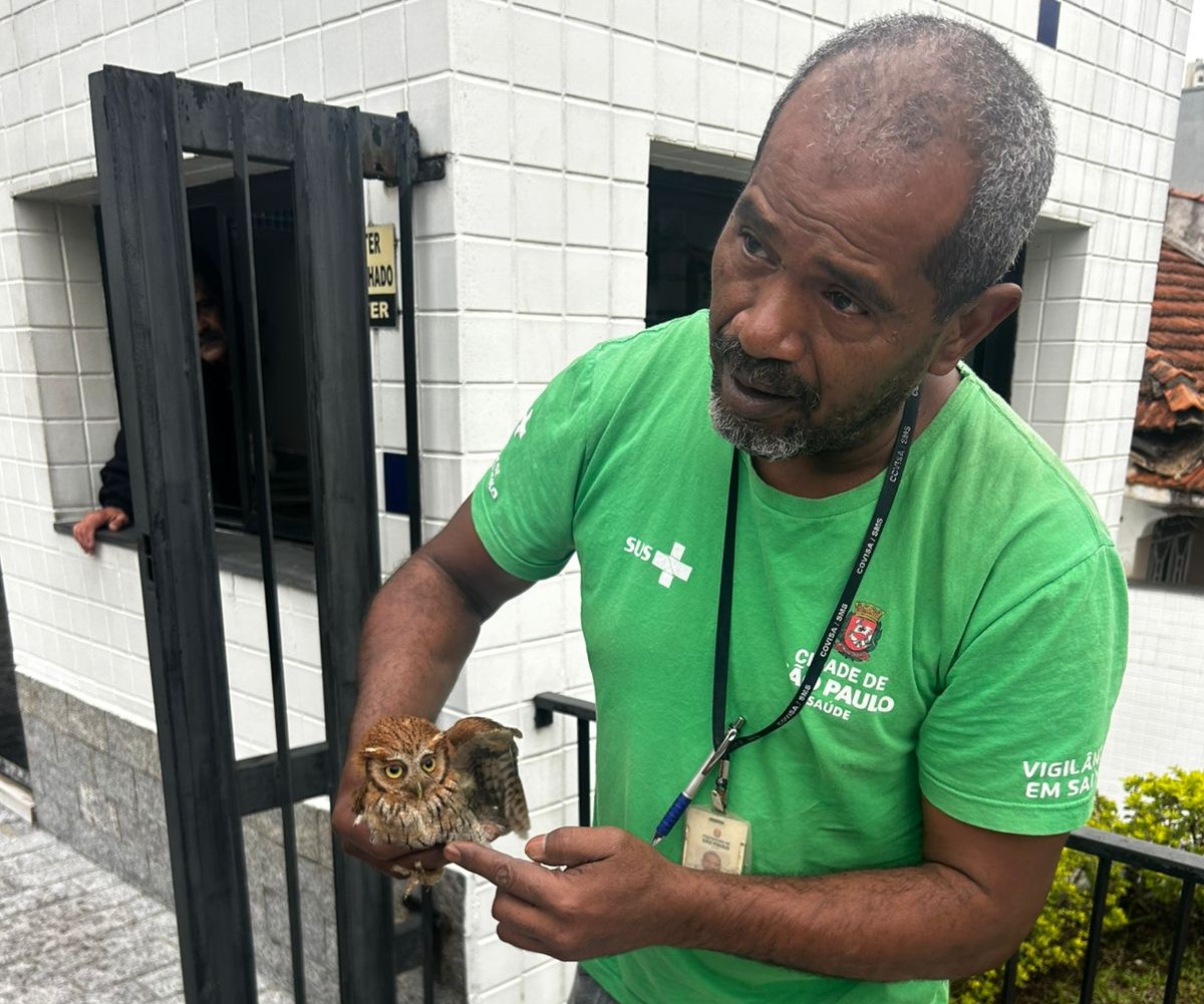 A imagem mostra um homem vestindo uma camiseta verde com os logotipos do SUS e da Prefeitura de São Paulo. Ele trabalha na Vigilância em Saúde e aparece segurando cuidadosamente uma pequena coruja marrom-avermelhada, que está com uma das asas ligeiramente aberta.  O homem parece estar explicando algo ou mostrando o animal para quem está por perto. Ao fundo, há uma construção com paredes de azulejos brancos e janelas, e uma pessoa observa a cena de dentro da guarita do prédio.