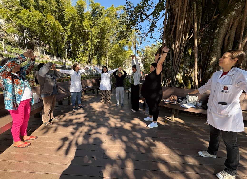 A imagem mostra um grupo de nove pessoas participando de uma atividade física ao ar livre, possivelmente um alongamento em grupo. Elas estão dispostas em círculo sobre um deque de madeira, cercado por árvores altas e vegetação densa ao fundo.  Entre os participantes, há mulheres de diferentes idades e corpos, algumas vestindo jalecos brancos da Secretaria Municipal da Saúde de São Paulo, o que indica que são profissionais de saúde conduzindo a atividade. As outras pessoas usam roupas confortáveis, como calças soltas, casacos e tênis — uma delas, à esquerda, usa uma calça rosa e uma blusa estampada colorida.  Todas estão com os braços erguidos acima da cabeça, aproveitando o sol e a sombra projetada pelas árvores. À direita, há uma grande figueira com raízes expostas, que domina parte do cenário e cria uma atmosfera natural e acolhedora. O clima é de tranquilidade e bem-estar, típico de atividades de promoção de saúde em espaços públicos.