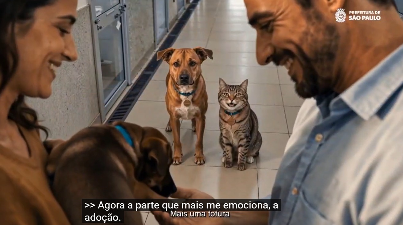 A imagem mostra um momento de adoção de animais em um espaço interno, provavelmente um centro de acolhimento ou unidade de adoção.  Em primeiro plano, um homem e uma mulher sorriem enquanto seguram um filhote de cachorro marrom, que usa uma coleira azul. Ao fundo, um cachorro adulto da mesma tonalidade e um gato tigrado, ambos também com coleiras azuis e medalhas de identificação, observam a cena voltados para a câmera. O corredor é amplo, com portas envidraçadas nas laterais e iluminação natural.  No canto superior direito aparece a marca da Prefeitura de São Paulo. Na parte inferior da imagem há uma legenda do vídeo com a frase: 