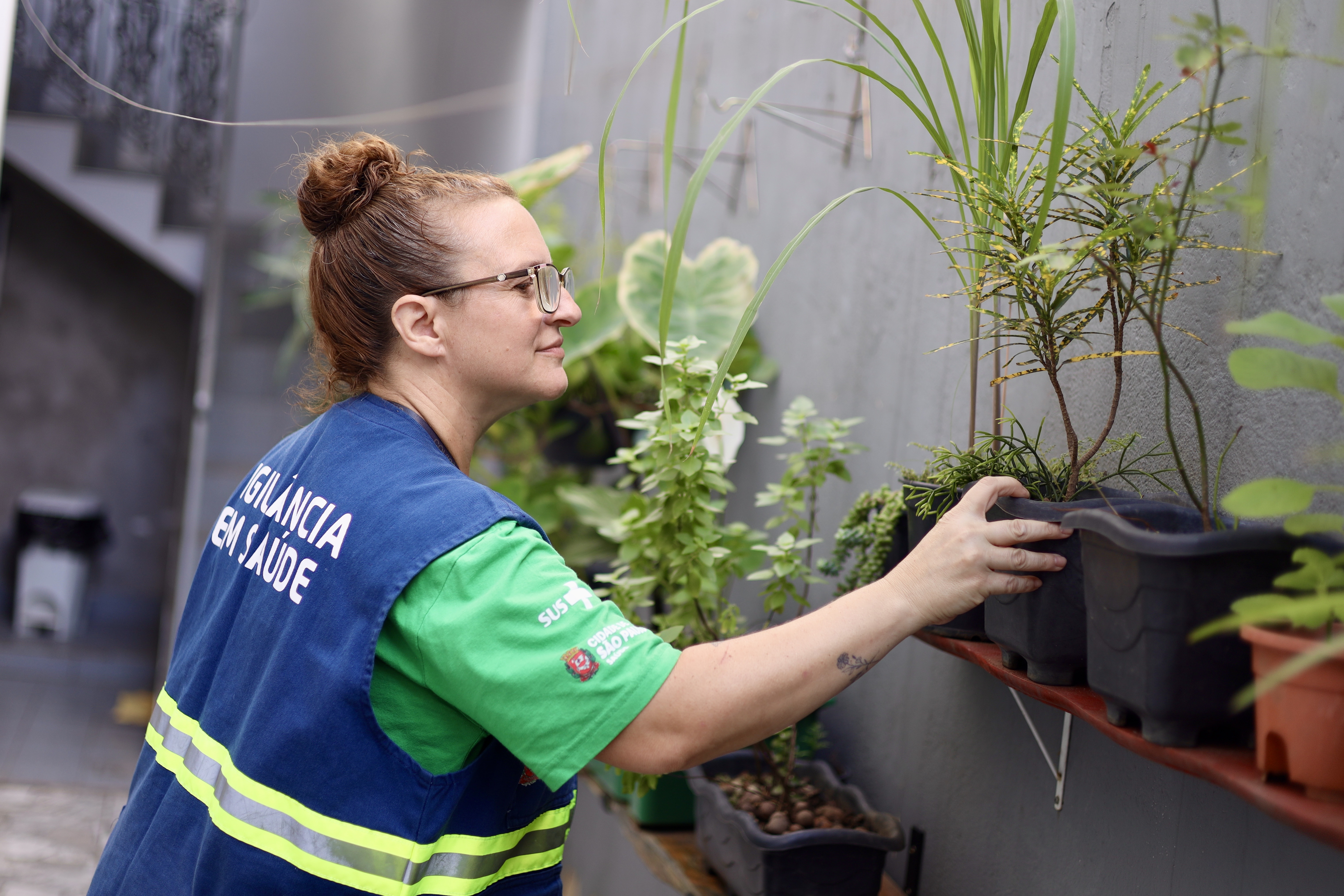 A imagem mostra uma agente de Vigilância em Saúde realizando uma inspeção preventiva em um ambiente residencial ou comercial. Uma mulher de perfil, com cabelos castanhos presos em um coque e óculos de grau. Ela veste o uniforme oficial de trabalho: uma camiseta verde com o logotipo do SUS e da Prefeitura de São Paulo na manga, e um colete azul marinho com faixas refletivas amarelas, onde se lê 