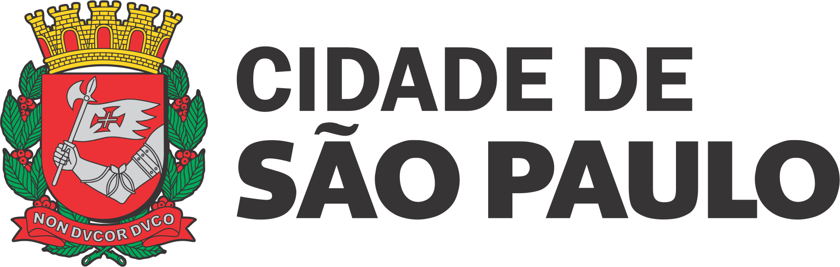 Logo da Cidade de São Paulo: A imagem mostra o brasão da Cidade de São Paulo. O brasão contém armas da cidade, em verde e branco, com uma coroa na parte superior