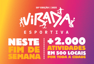 Banner da 18ª edição da Virada Esportiva 2025. Texto: '20 e 21 de setembro | Mais de 2.000 atividades em 500 locais por toda a cidade'. Fundo em degradê laranja, rosa e roxo, com ícones de pessoas praticando esportes ao redor da palavra Virada Esportiva.